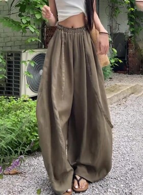 军绿色休闲亚麻抽绳阔腿裤女2025夏季薄款高R级感褶皱时尚直筒裤