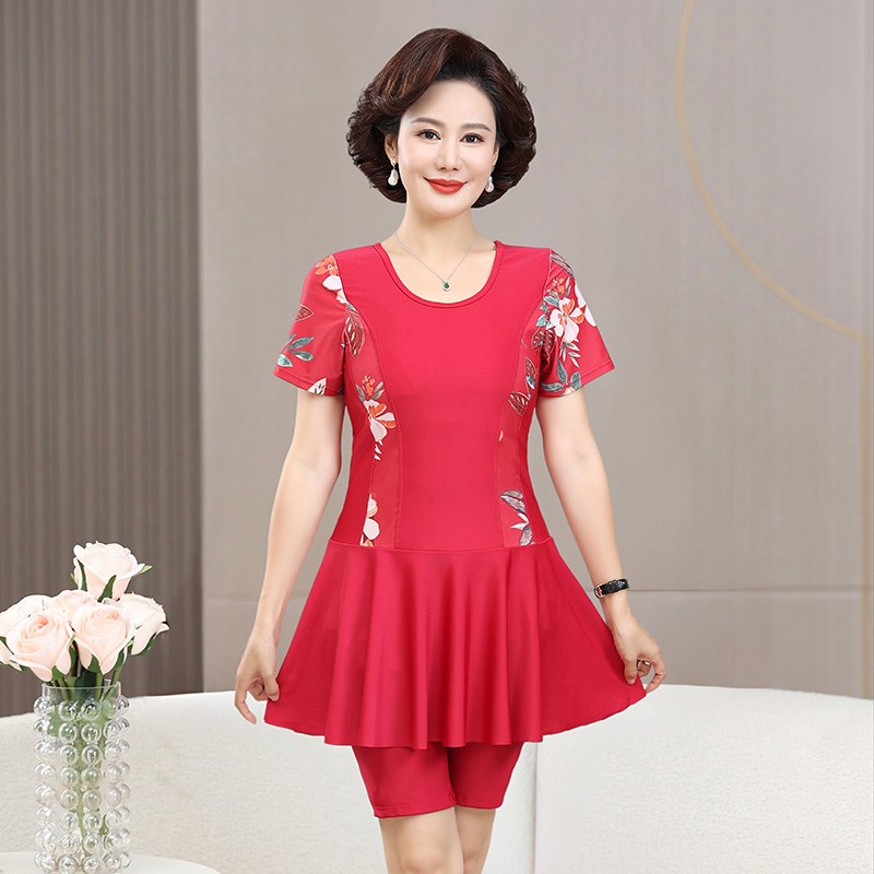 妈妈泳衣女款2025新款分体游泳衣E温泉遮肚显瘦中老年保守大码泳
