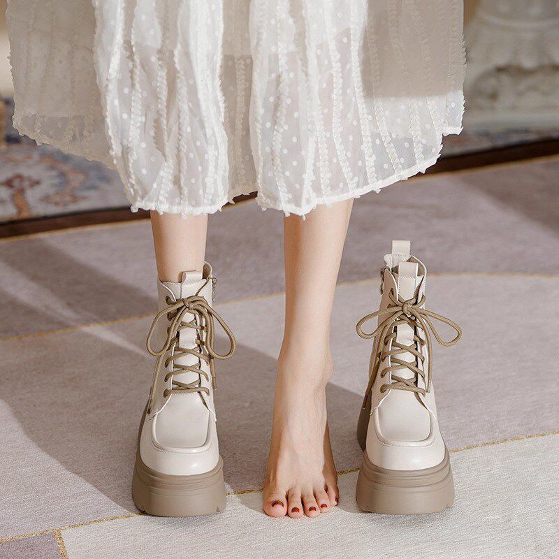 小个子内增高白色马丁靴女2025新款厚底系带短靴S爆款高跟粗跟单