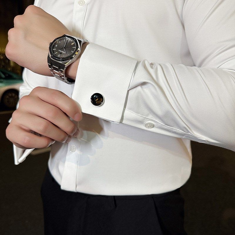 法式衬衫男长袖免烫n抗皱商务正装新郎伴郎结婚袖扣白衬衣职业宴