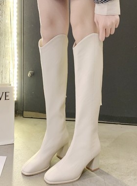 白色长筒靴c子马丁靴女2021年新款冬季高跟粗跟方头不过膝加绒长
