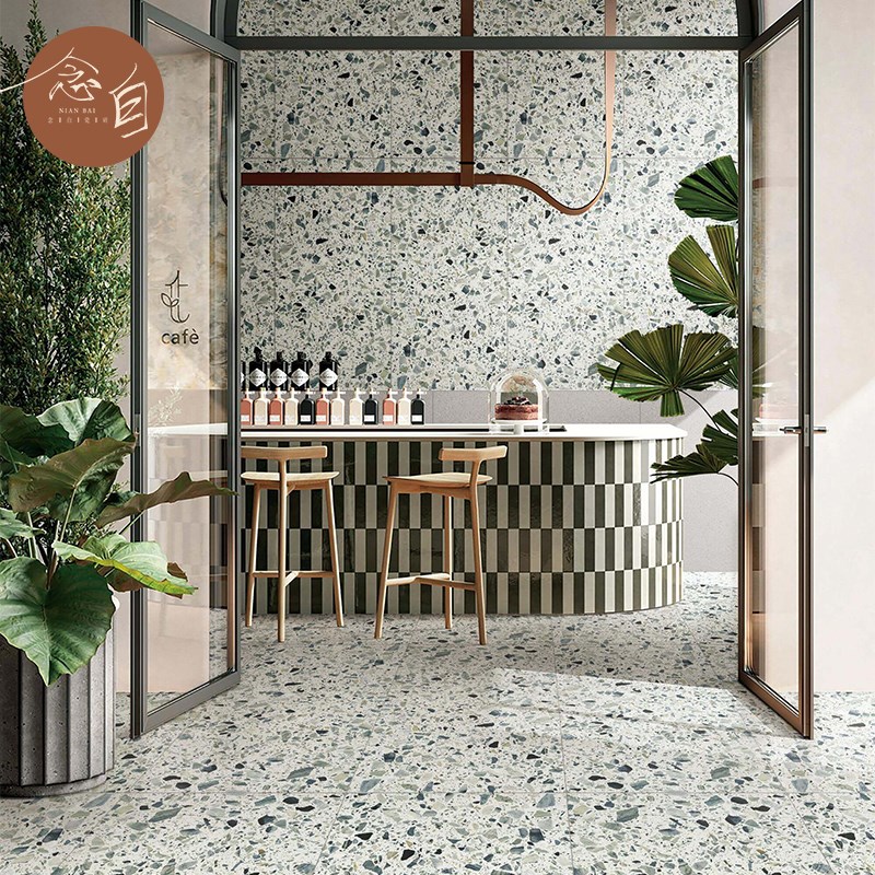 绿色水磨石瓷砖商业空间店铺厨房墙地砖连K锁咖啡店奶茶门店防滑