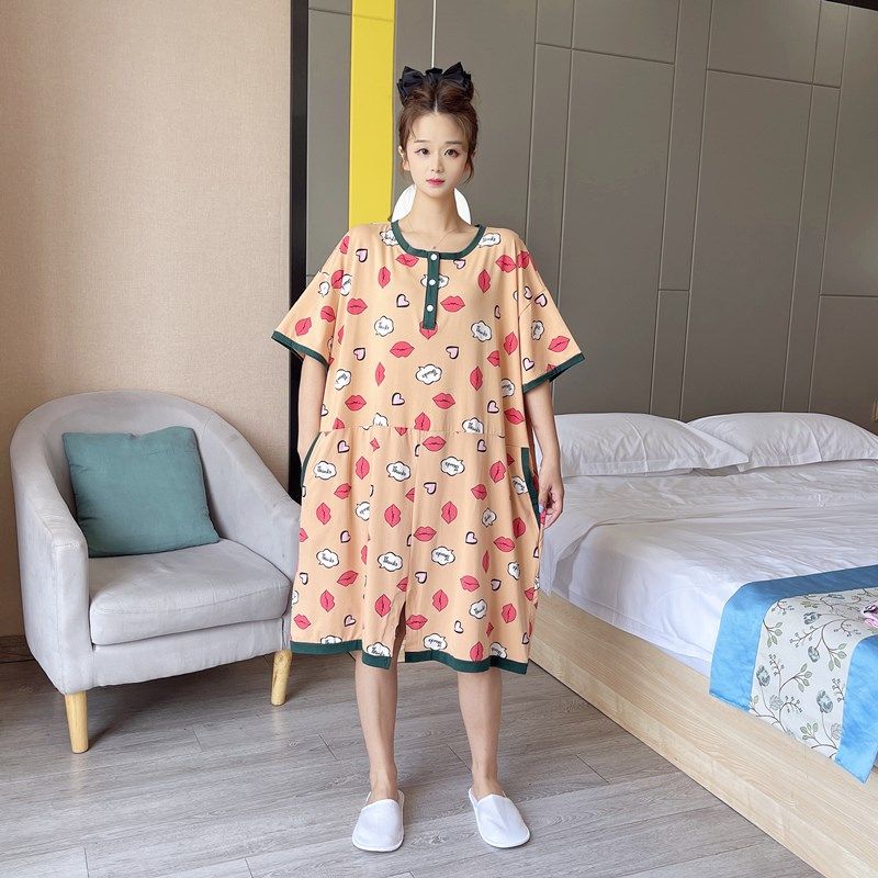 可爱卡通加大码连体睡裙女200斤纯棉夏季短袖纯棉睡衣长款家居服
