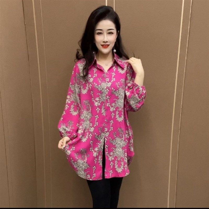 花色新款洋气时尚大版衫长袖上衣中长款大码翻领妈妈宽松显瘦衬衫