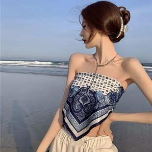 复古印花拼接短肚脐背心妇女 新苗条适合肚脐裸露针织吊带上 夏季