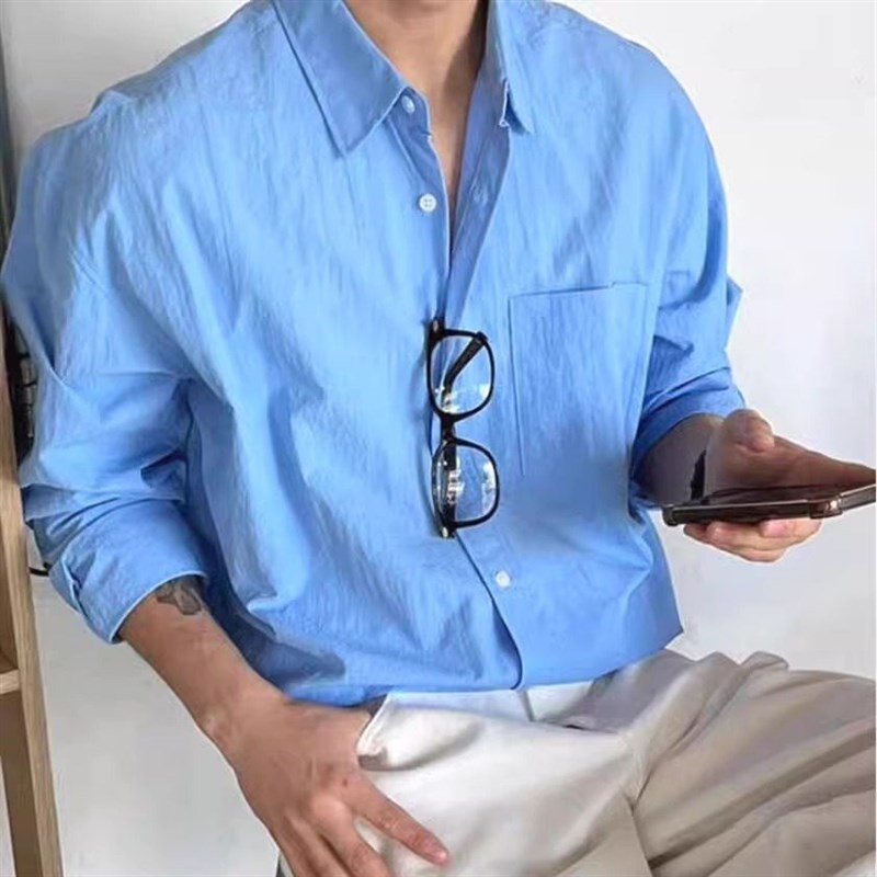 蓝色棉麻衬衫男美式复古宽松长袖翻领防晒开衫亚麻透气工装衬衣潮
