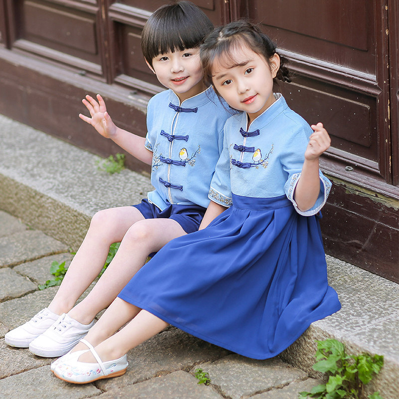 中国风幼儿园园服夏季套装小学生国学班服男女裙子儿童古装汉服蓝