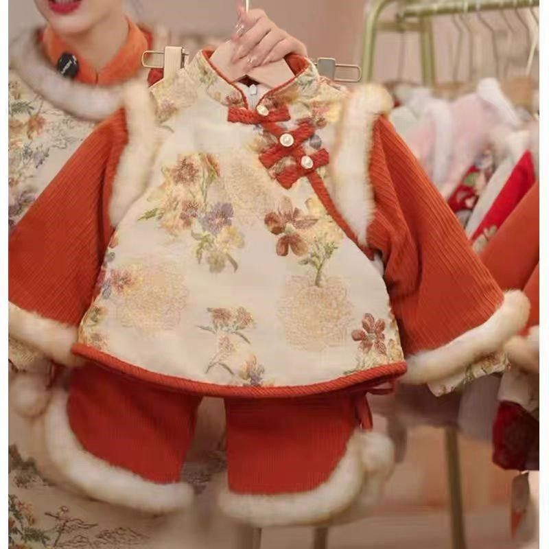 女童冬季汉服加绒加厚女宝宝国风喜庆唐装儿童周岁礼服拜年服套装