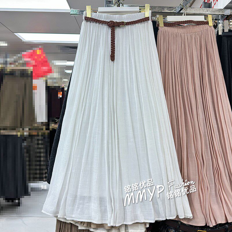 垂感长款白色棉麻A字半身裙女夏季2025新款大摆裙子百褶长裙腰带