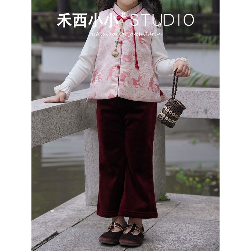 马上有钱!女童中式织锦缎夹棉旗袍马甲外套蛇年新年战袍拜年服