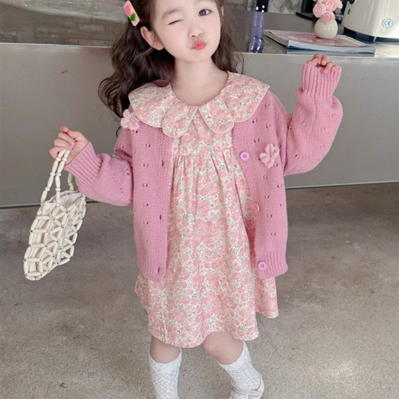 女童毛衣碎花裙子套装春秋款2024新款儿童洋气女孩宝宝春装连衣裙