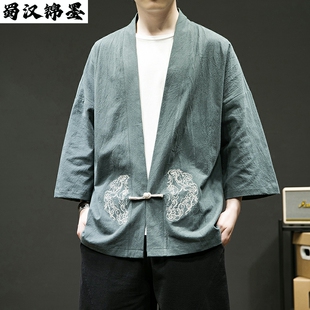 中国风男装改良汉服新中式居士开衫外套夏季复古风道袍亚麻茶禅服