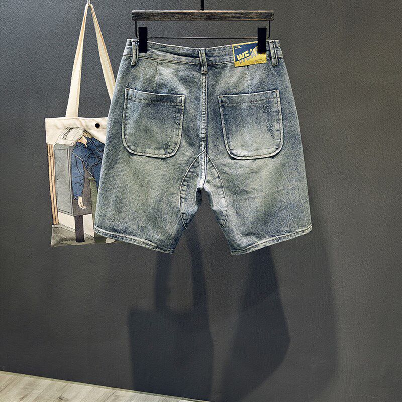 破洞牛仔短裤男士夏季新塘高街潮牌宽松大码五分裤复古水洗中裤男