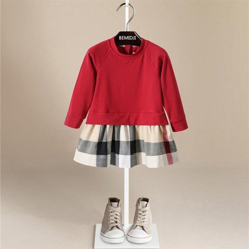 自留 女童秋装长袖连衣裙儿童纯棉洋气公主裙拼接格子裙红色裙子