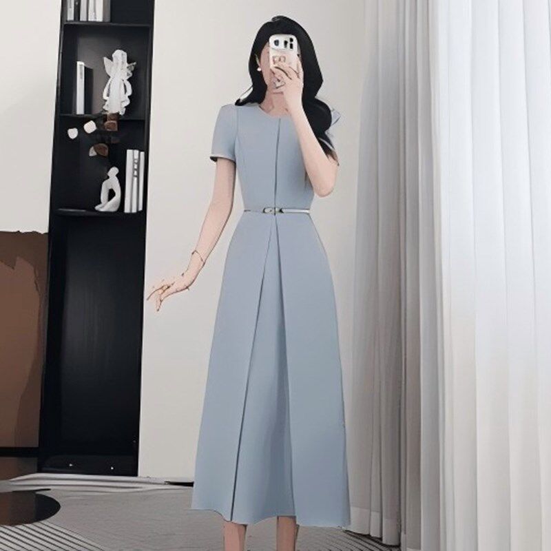名嫒风轻奢晚礼服2025夏季新短袖收腰显瘦高腰连衣裙D1558