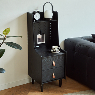 实木床头柜黑色小型床边柜子窄款多功能加高储物柜卧室床头收纳柜