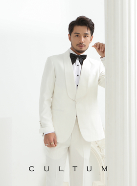 白色青果领高档男士一粒扣西服套装新郎结婚晚宴礼服两件套西装潮