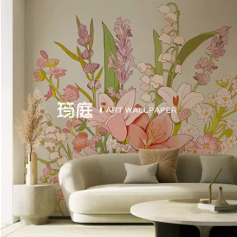 法式百合铃花墙纸墙布背景墙北欧风定制壁画卧Q室餐厅清新壁布壁