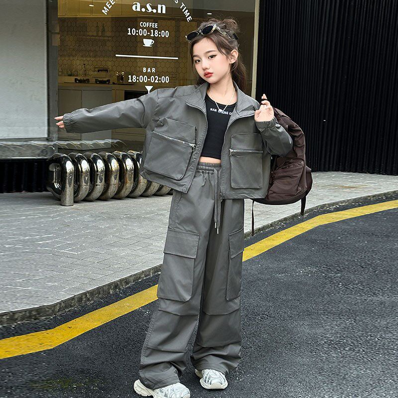 女童2025新款春季时尚休闲美式宽松洋气翻领工装外套工装裤套装潮