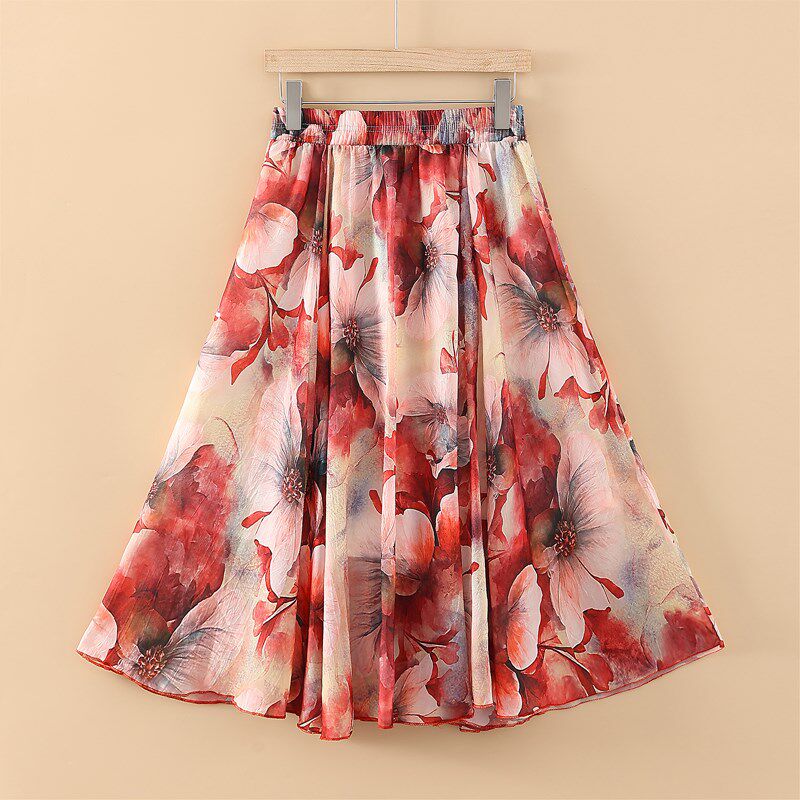 新款夏季水墨印花雪纺半身裙女中裙2025高腰大摆A字裙大码过膝裙