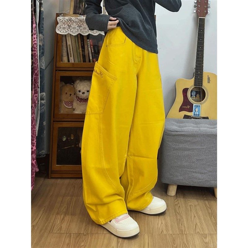黄色弯刀阔腿牛仔裤子女春季大码胖mm美式宽松大口袋拖地镰刀长裤
