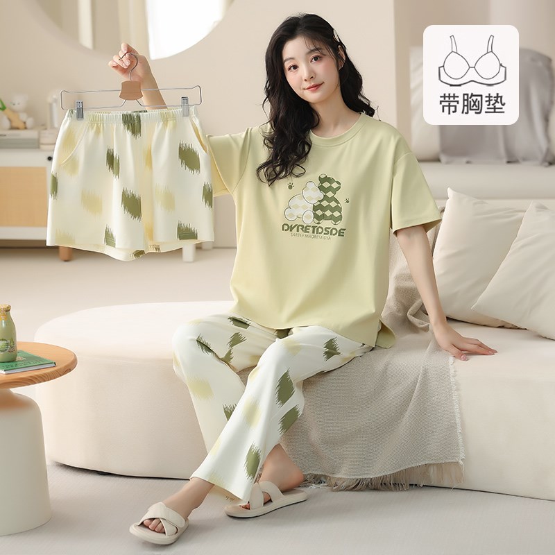 带胸垫睡衣女夏季薄款纯棉短袖圆领2025年新款夏天三件套装家居服