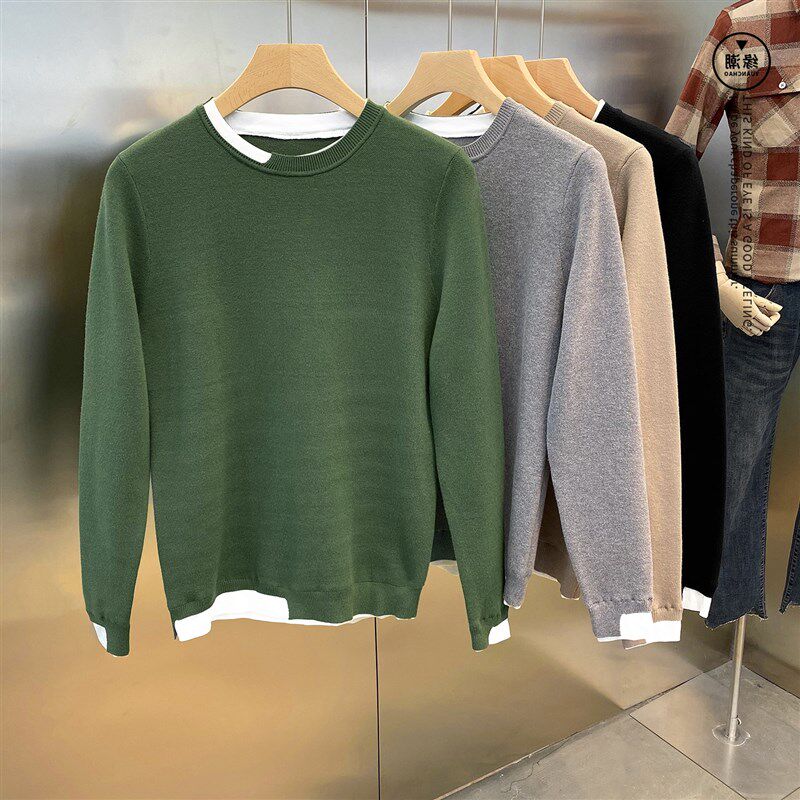 春秋款男圆领针织衫修身韩版潮流休闲假两件毛衣男士薄款打底外套