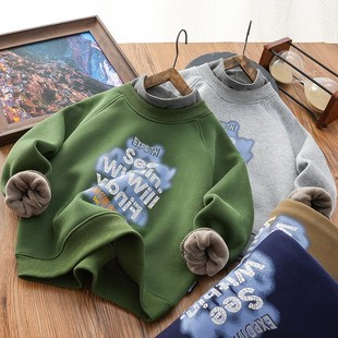 男童加绒卫衣保暖男孩半高领套头上衣加厚2024新款冬装儿童打底衫