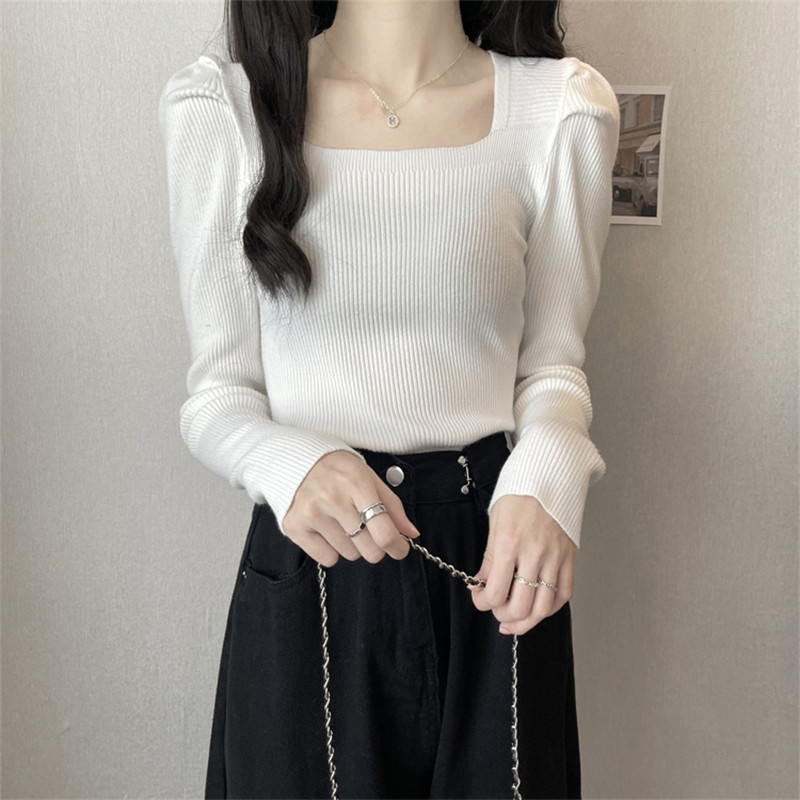 秋冬洋气时尚修身内搭长袖针织衫上衣法式方领泡泡袖毛衣女打底衫