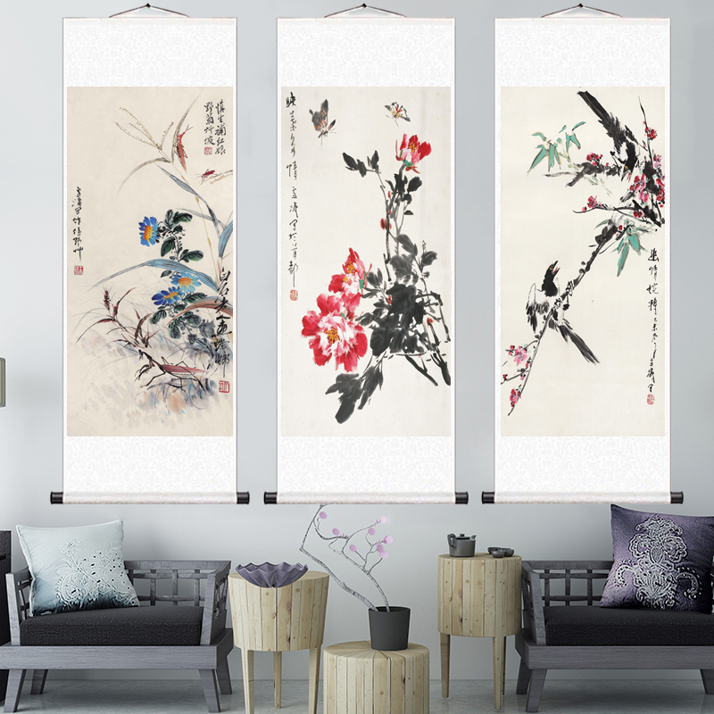 现代中式丝绢国画花鸟画客厅饭z厅石榴画装饰画字画卧室挂画牡丹图片