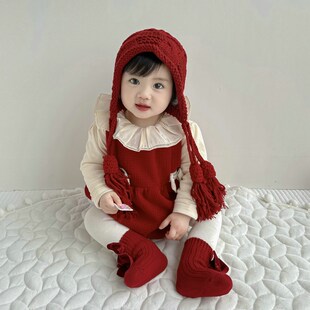 女宝婴儿冬装加绒加厚打底衫红色衣服圣诞新年服新生儿哈衣包屁衣