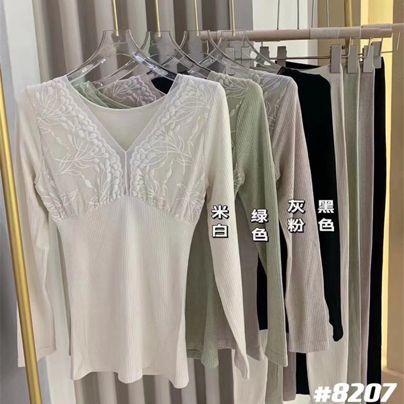 女蕾丝束身8207秋衣秋裤绵羊毛薄款保暖K内衣发热防寒蕾丝V领套装
