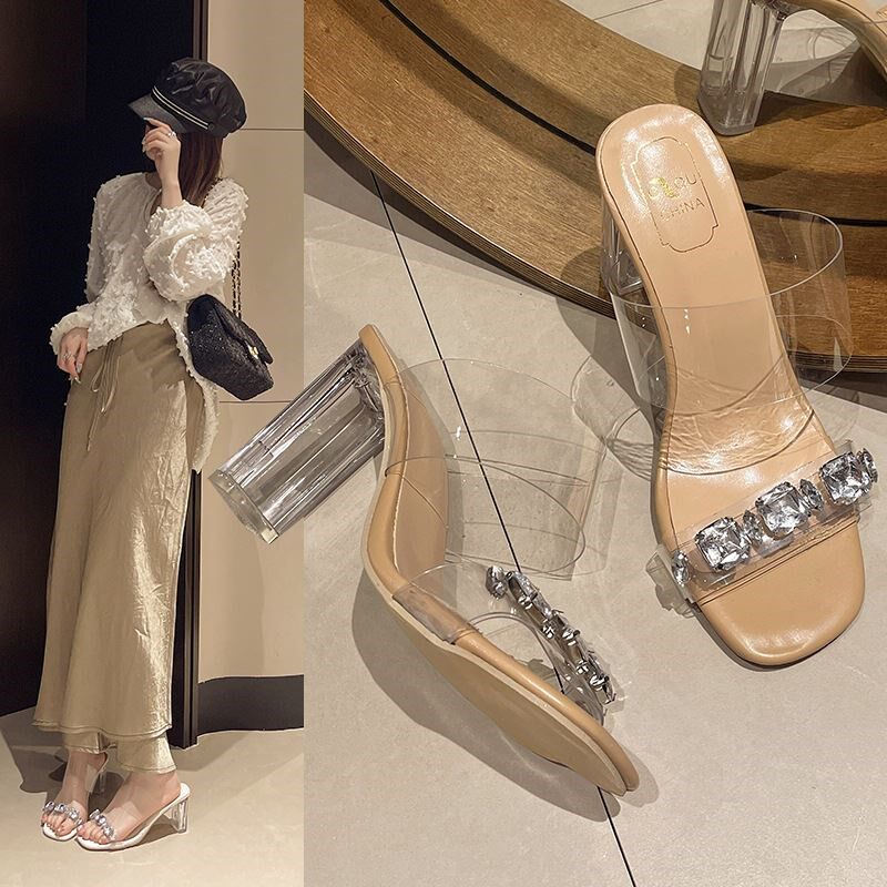 2025水钻透明跟凉鞋女夏一字带高级感粗跟拖鞋高跟鞋外穿凉拖