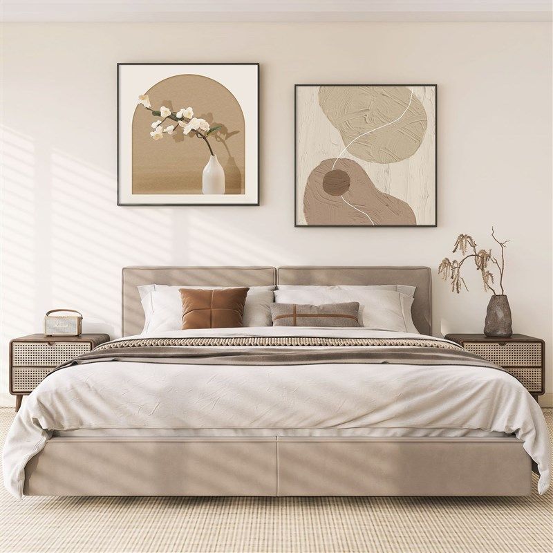 卧室装饰画高级感原木风主卧床头两联挂画侘寂风客V厅墙面抽象壁