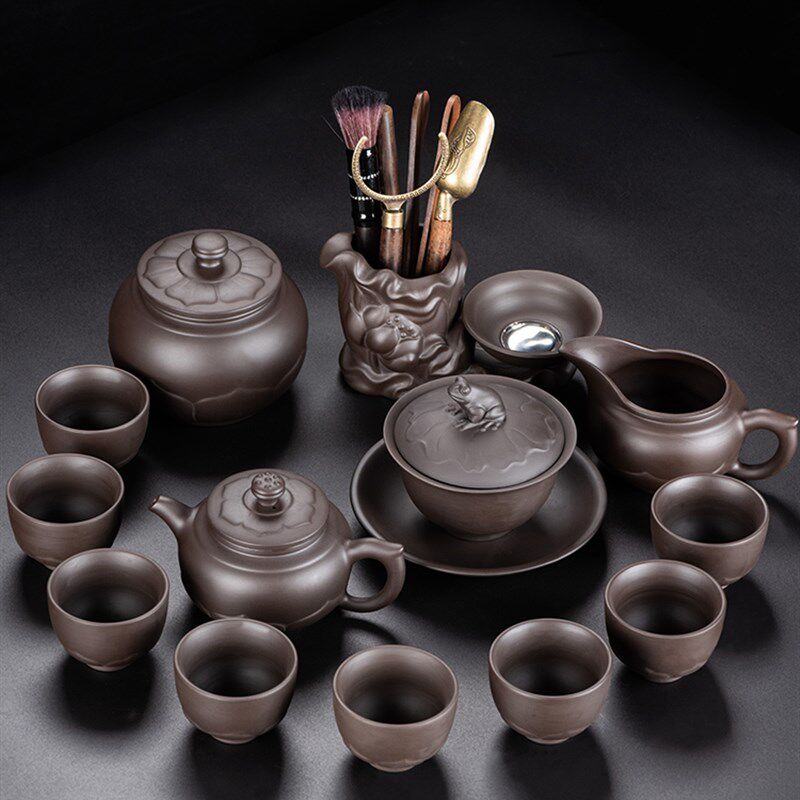 原矿紫砂功夫茶具套装浮雕荷塘莲茶壶茶杯整套泡茶器纯色家用中式
