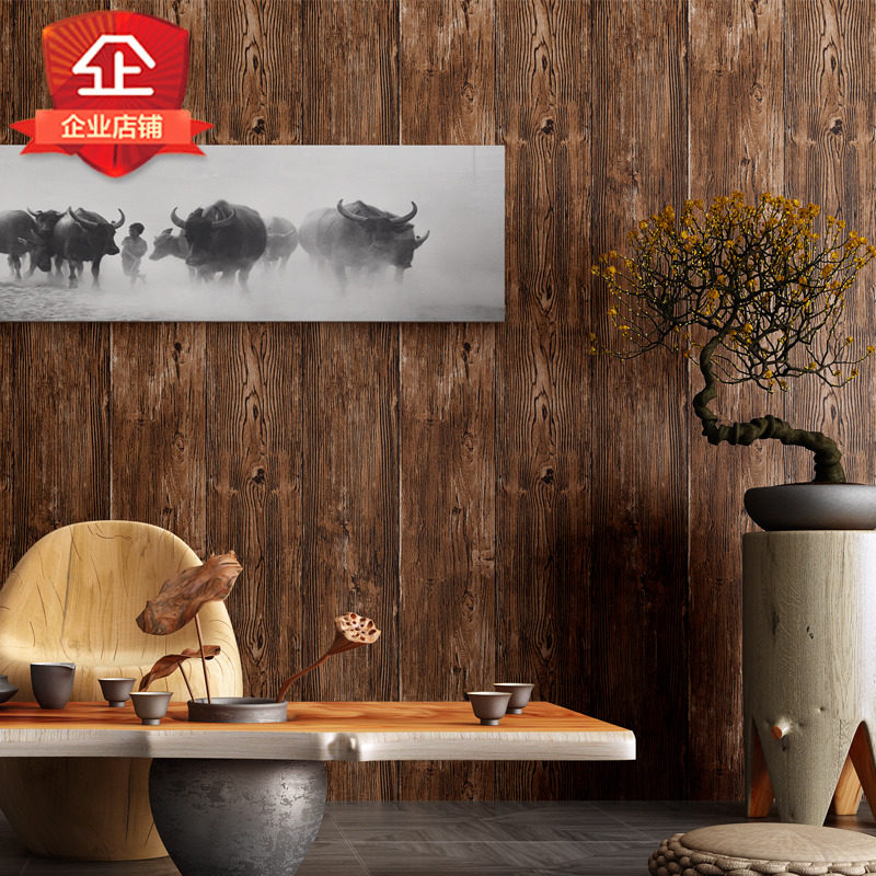 墙纸非自粘无胶不带背胶刷胶家用仿木纹木头木板原木色3d立体壁纸