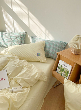 鹅黄色四件套100纯棉全u棉水洗棉被套纯色床单床笠4季款床上用品