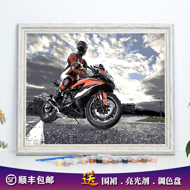 有框diy数字油画摩托车风景减压定制手工绘填色填充装饰油彩挂画