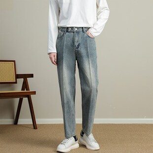 做旧复古水洗直筒牛仔裤男款秋季潮流合体锥形纯棉休闲男士长裤子