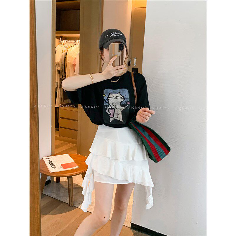 爱情魔鬼鱼 白色不规则荷叶边半身裙女2025年夏季新款蛋糕裙短裙