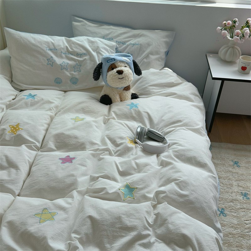 梨梦 蓝色甜星可爱纯棉水洗棉四件套全棉床单被套床笠款床上用品