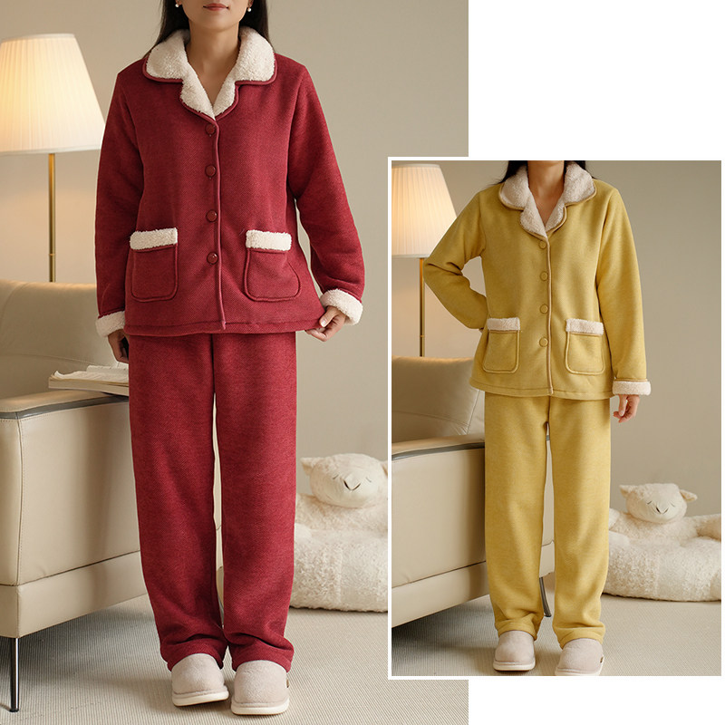 女士法兰绒家居服套装p 保暖开衫睡衣睡裤 加厚起居服 秋冬款女装