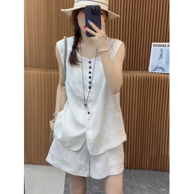 老钱风气质亚麻背心时尚套装女夏圆领休闲 无袖上衣宽松短裤