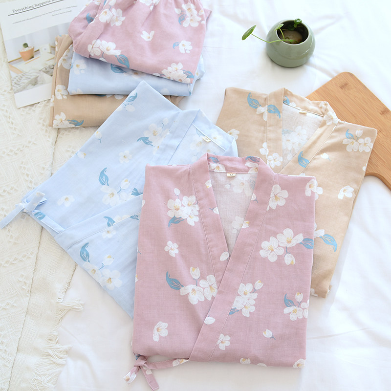 日系和服睡衣女士春秋薄款纯棉纱布可爱七K分袖薄款宽松家居服套