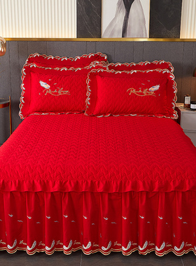 全棉婚庆大红色刺绣床o裙式单件夹棉纯棉床单床罩加厚1.8m床套防