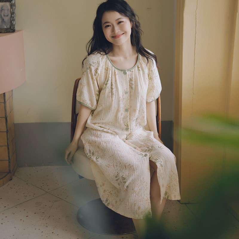 夏季产后短袖长裙哺乳喂奶孕妇连衣裙纯棉纱布带胸U垫月子裙防凸