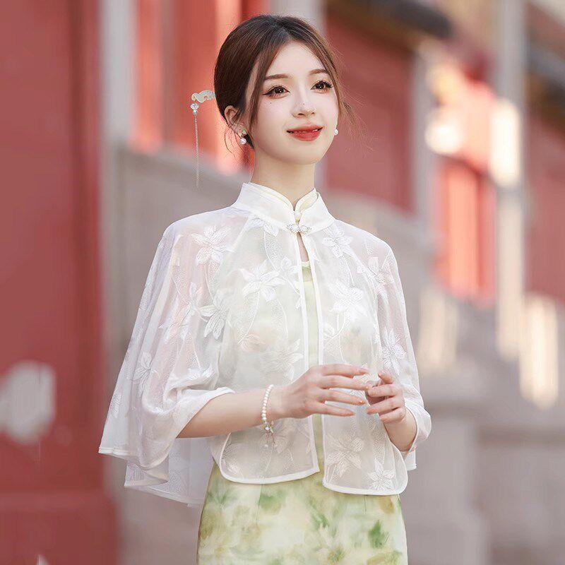 雪纺蕾丝云肩搭配汉服旗袍裙子防晒坎肩斗篷披肩舞台表演高端气质
