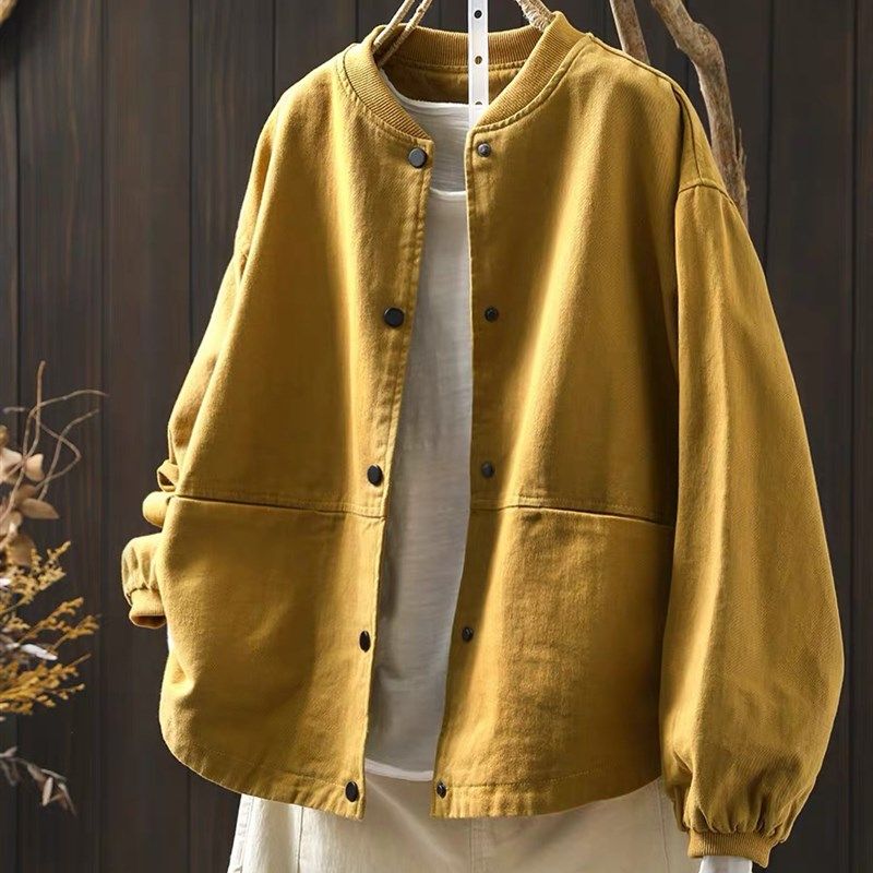 复古工装棒球服外套女宽松显瘦春秋装大码棉质立领双口袋外穿夹克