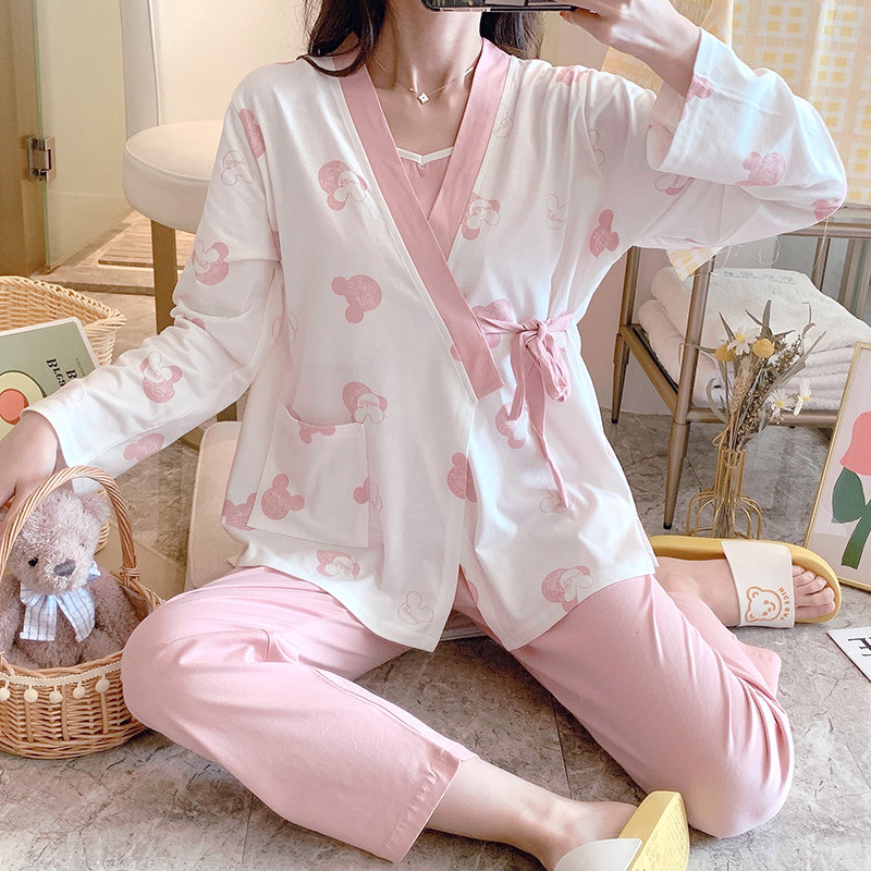 夏季三件套月子服产后内搭哺w乳背心和服5月份6纯棉薄款孕妇睡衣