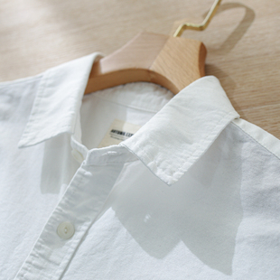 外贸日单 夏季男士水洗纯棉牛津纺透气宽松休闲复古白色短袖衬衫